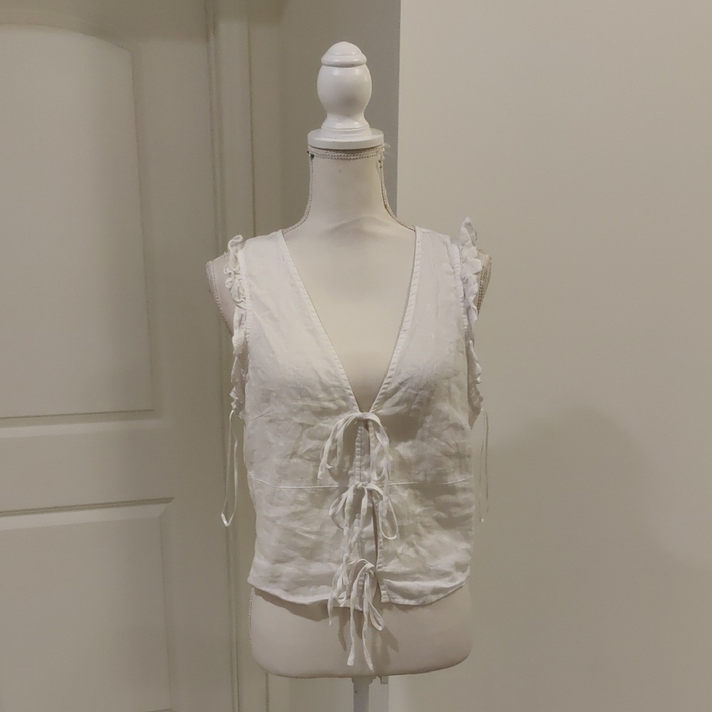 New!Joie 100% Linen Sleeveless White Sleeveless Vintage Inspired LTie-Front Top